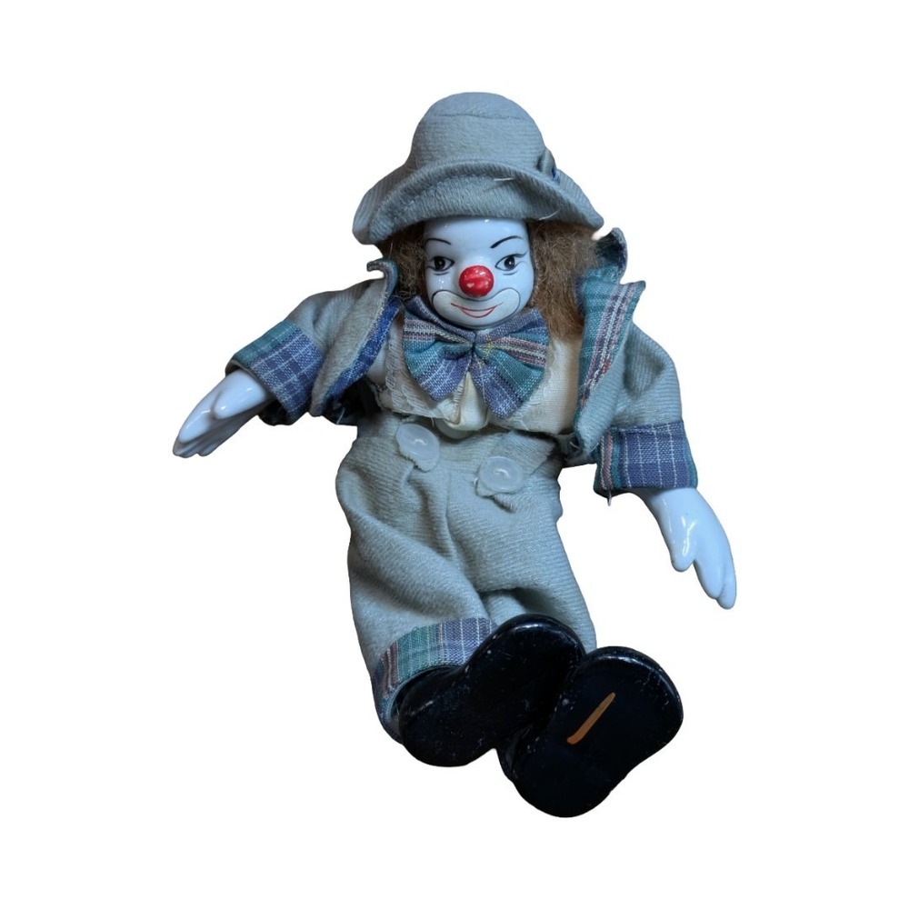 Clown doll Porcelain Head &hands, Gray clothes 7"H, Wire Legs and arms bendable